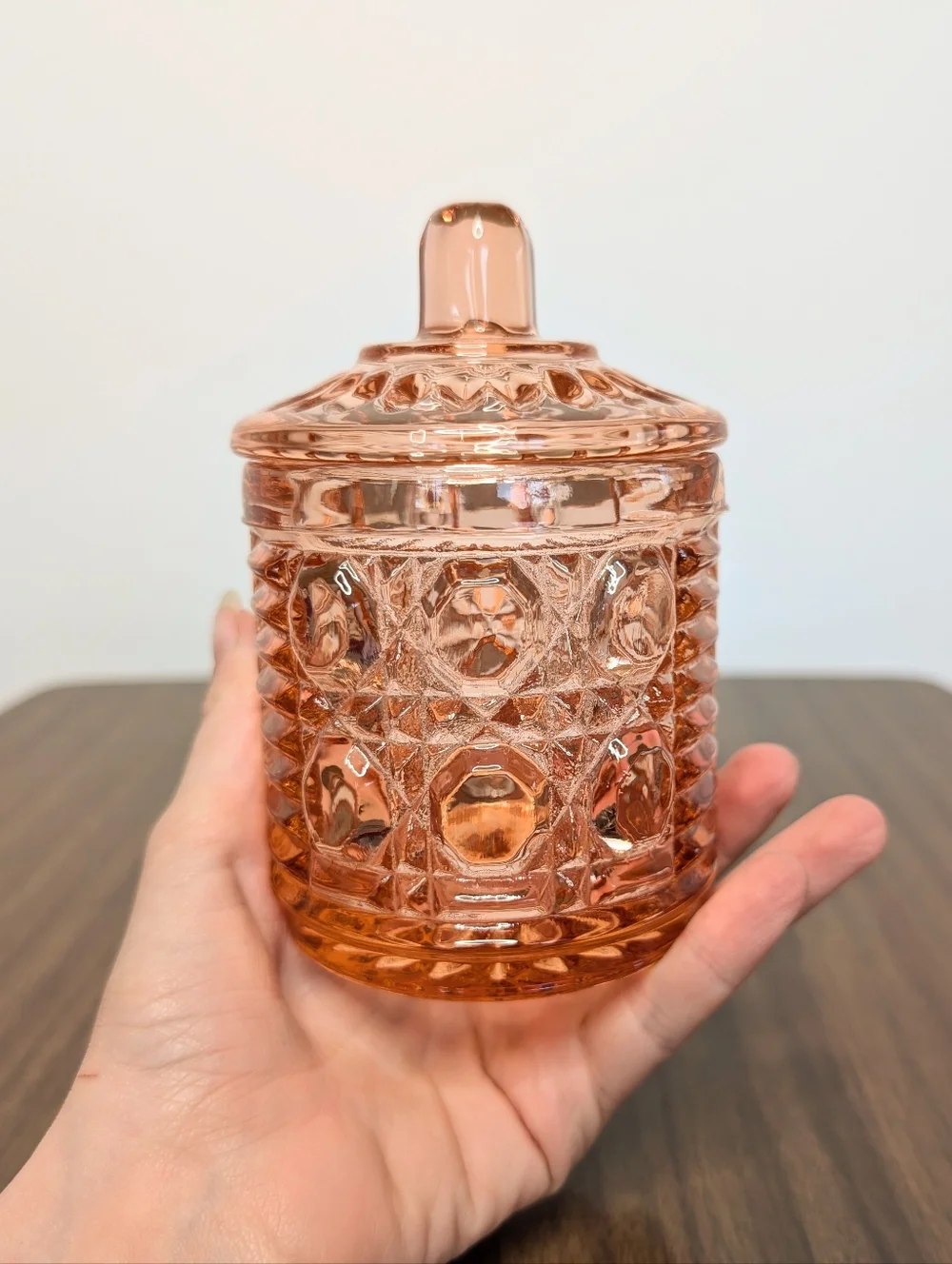 Vintage Windsor Pattern By Indiana Peachy Rose Pink Glass Honey Jam Jar With Lid